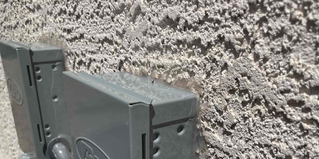 A close-up view of a gray electrical disconnect box mounted on a textured stucco wall.