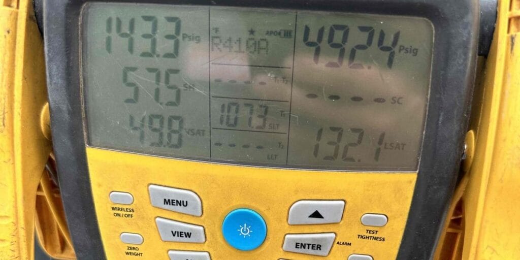 A yellow Fieldpiece gauge screen shows pressure readings of 143.3 and 492.4 psig along with the R410A refrigerant type.