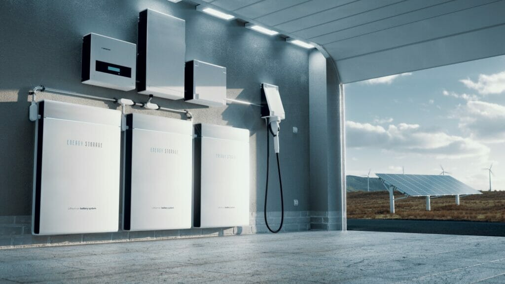 Conceptual image of a home energy storage system based on a lithium-ion battery pack, located in a modern garage, overlooking a landscape featuring a solar power plant and wind turbine farm, illustrating the future of clean energy at home