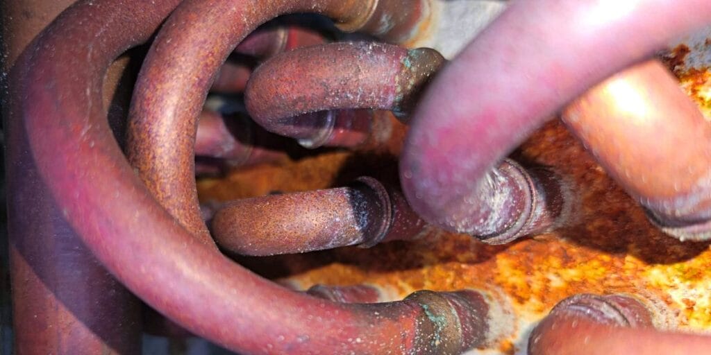 Corroded copper coil bends sit caked in orange rust with a technician's fingers reaching in close