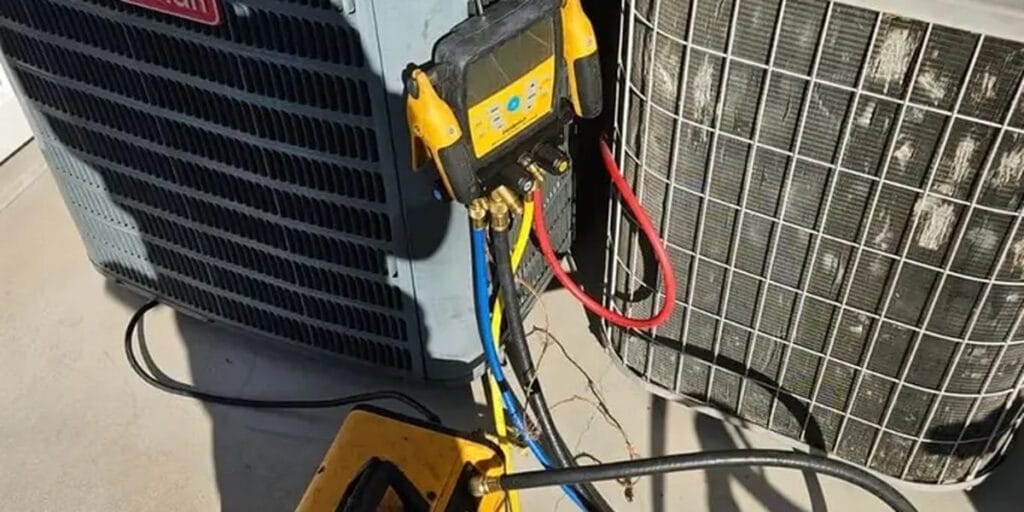 A yellow and blue refrigerant gauge is connected by hoses to a Goodman condenser unit, positioned next to a second unit whose coils are visibly caked in dust.