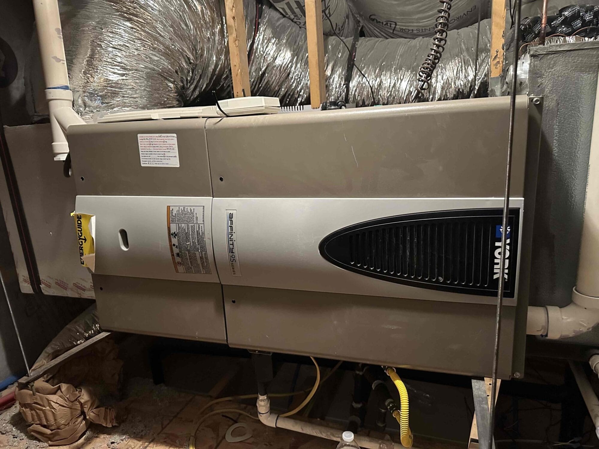 Full view of York air handler unit with surrounding ductwork