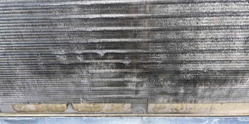A condenser coil covered in dark streaks of dust and mineral buildup where water has dripped down the fins.