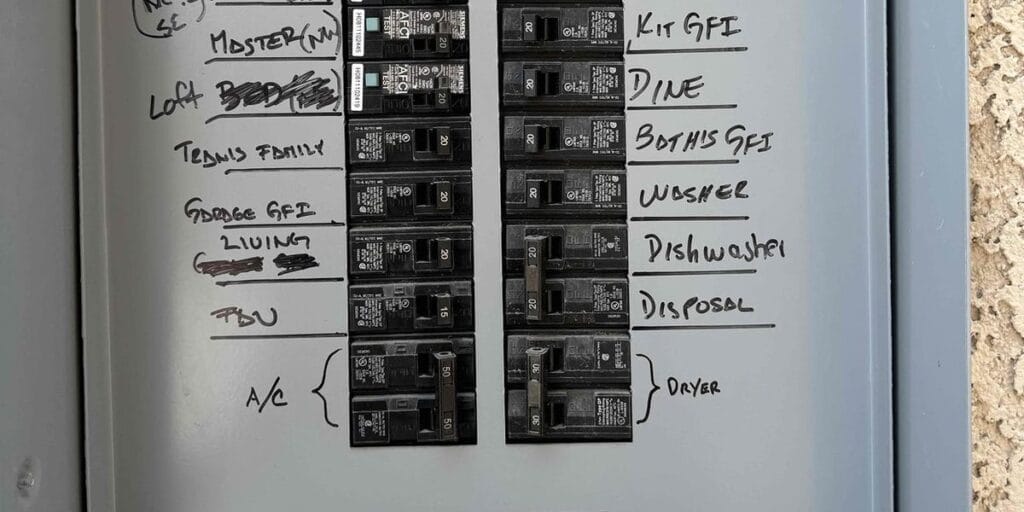 A home electrical panel with circuit breakers labeled by hand in marker, including one marked A/C and another marked dryer.