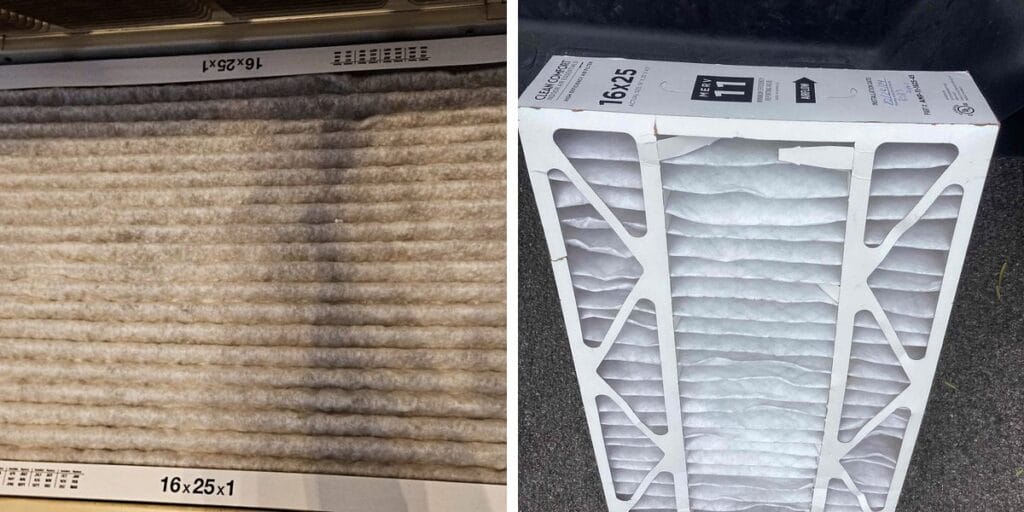 A dirty furnace filter caked with brown desert dust on the left contrasted with a fresh, crisp white filter on the right.